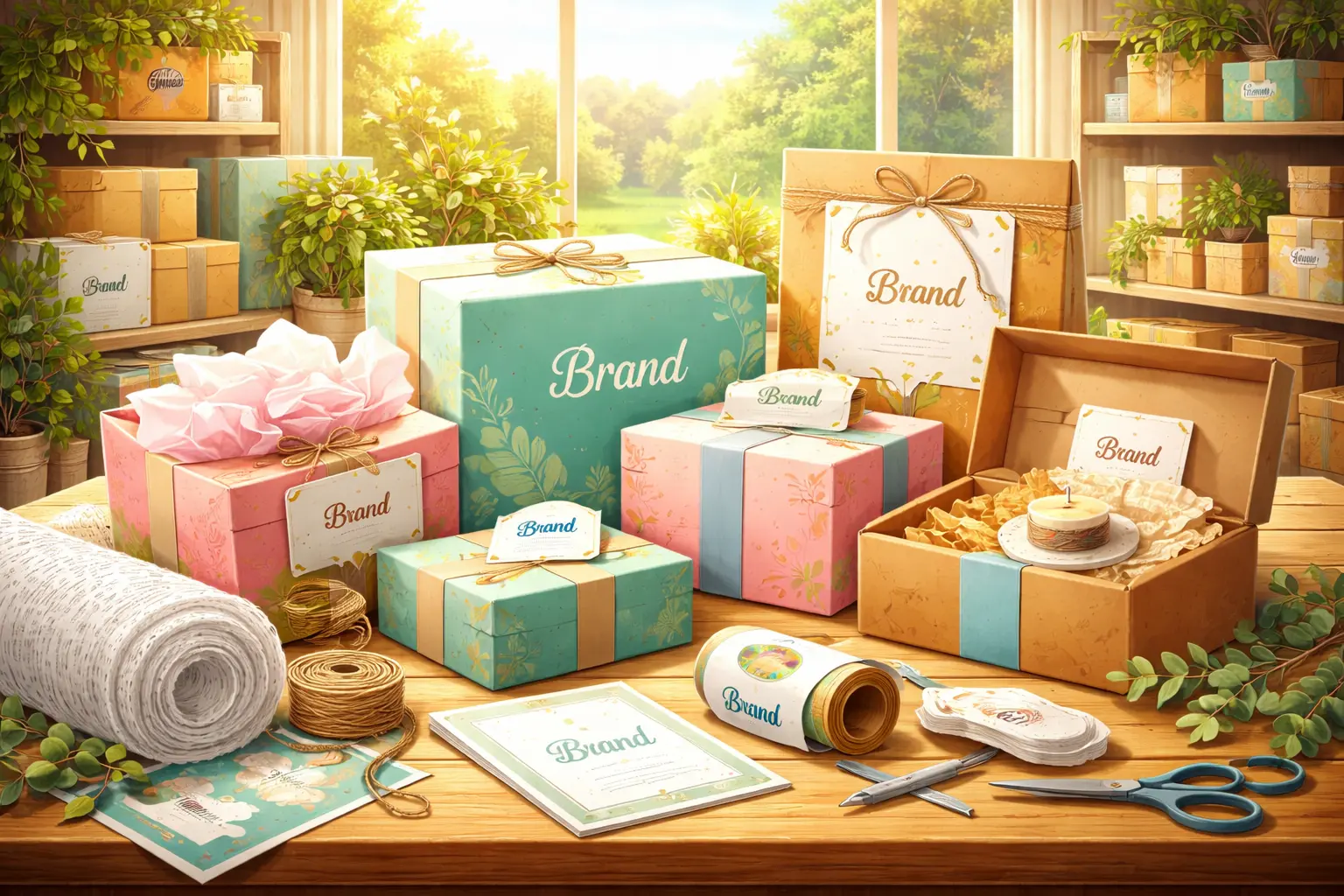 Branded ecommerce packaging boxes with tissue paper, labels and inserts arranged to enhance customer experience