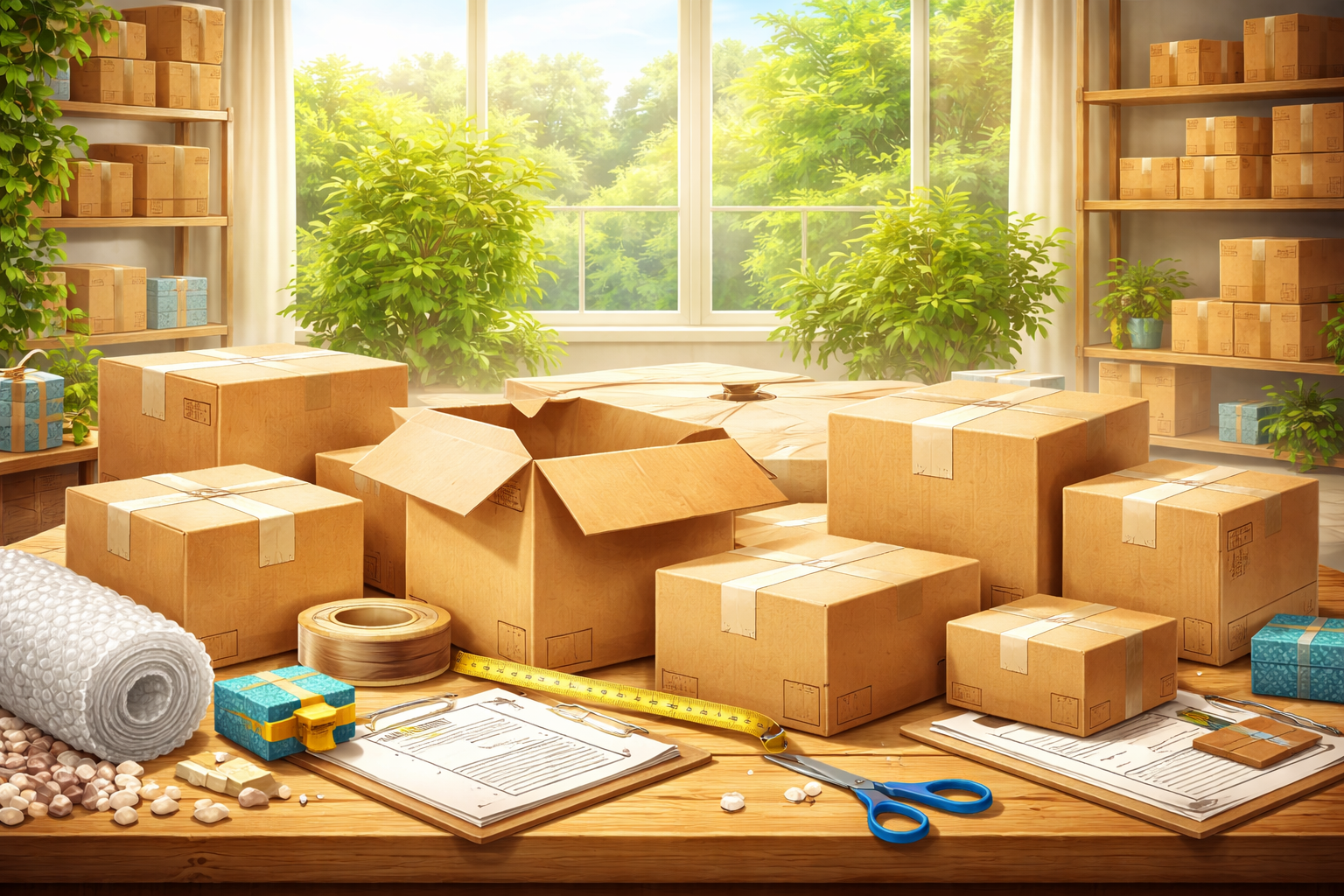 Different cardboard shipping box sizes with packing materials and tools arranged to help choose the right box
