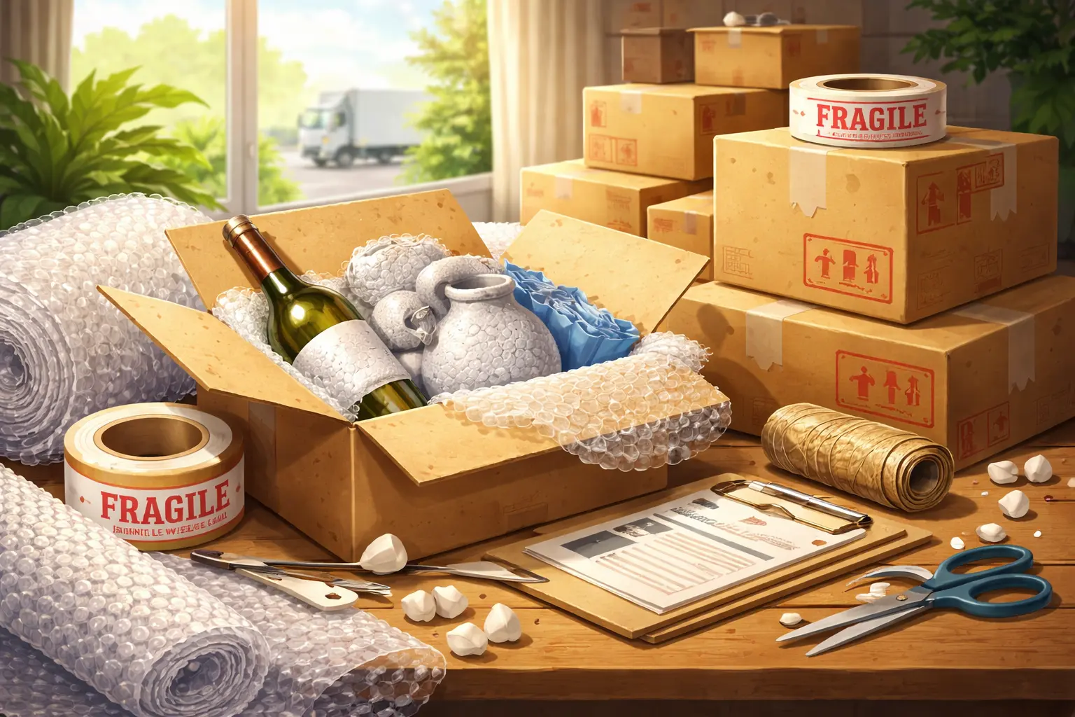 Carefully packing fragile items with bubble wrap and protective materials in a sturdy box for safe shipping