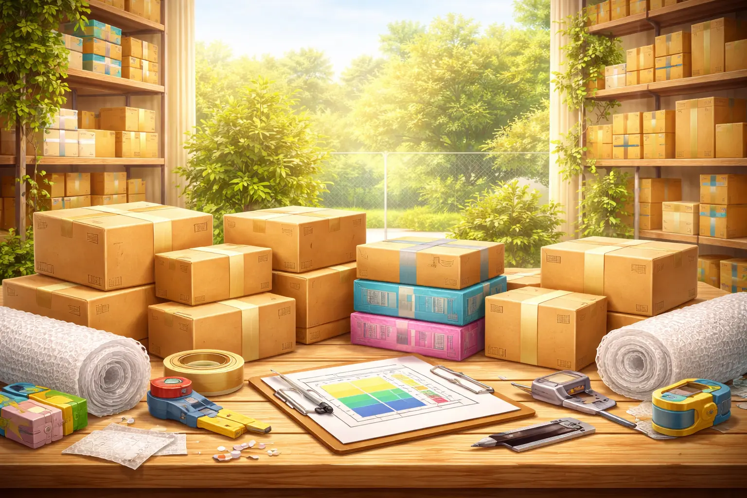 Packaging boxes and packing materials arranged on a workspace to evaluate quality and choose the right boxes