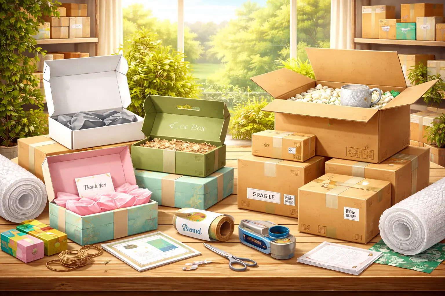 Mailer boxes and shipping boxes with packing materials displayed to compare packaging options for different products