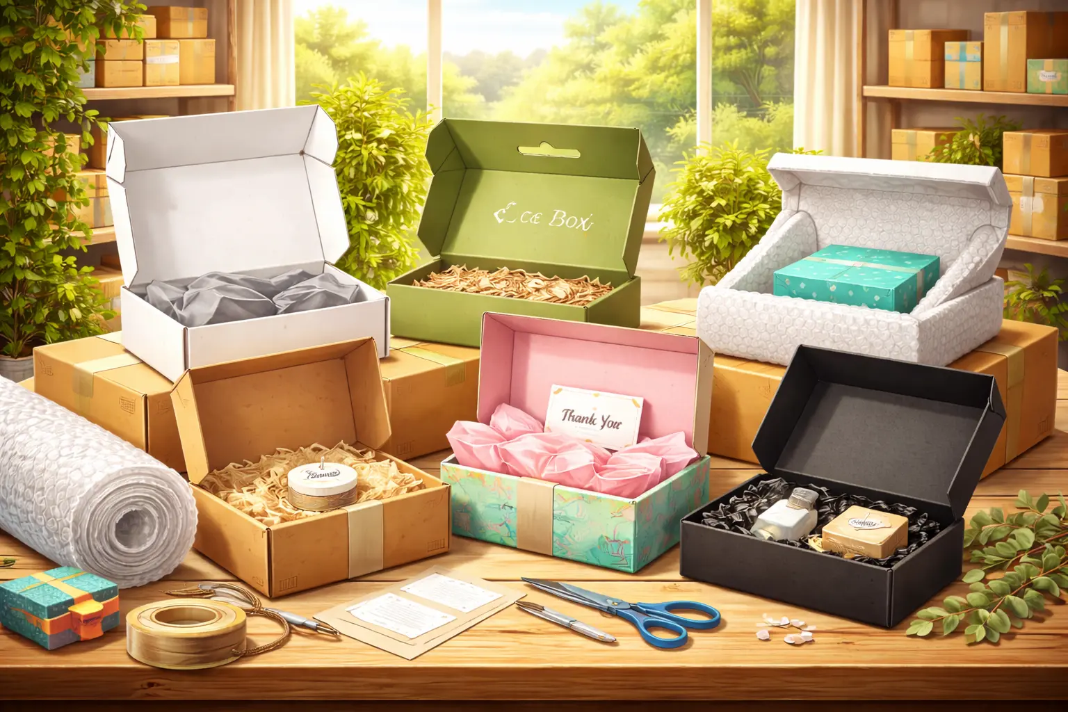 Different types of mailer boxes with packing materials displayed on a table for safe product shipping solutions